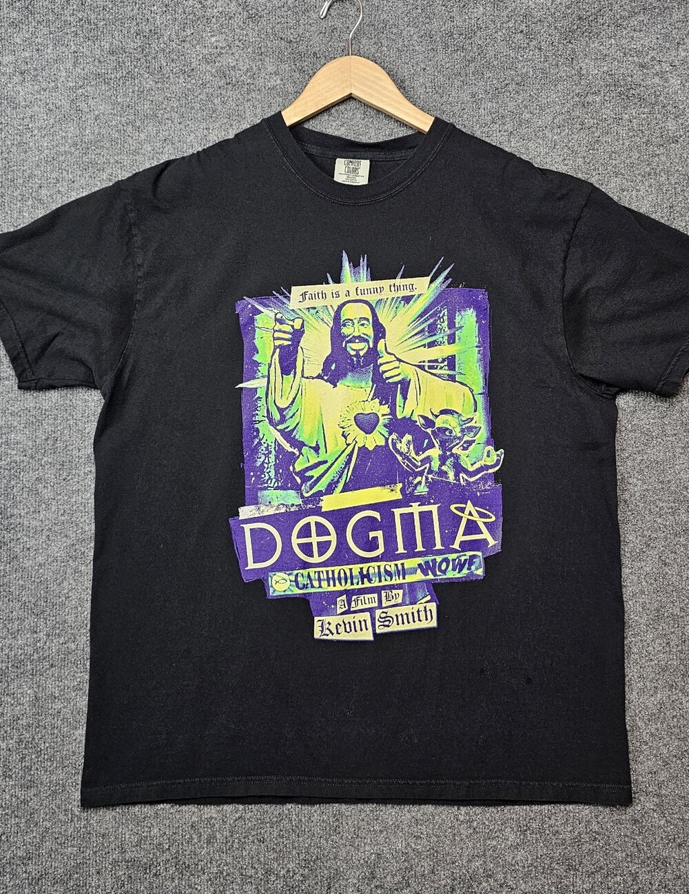 Comfort Colors Black T-Shirt with Neon Green and Purple Dogma Graphic - XL